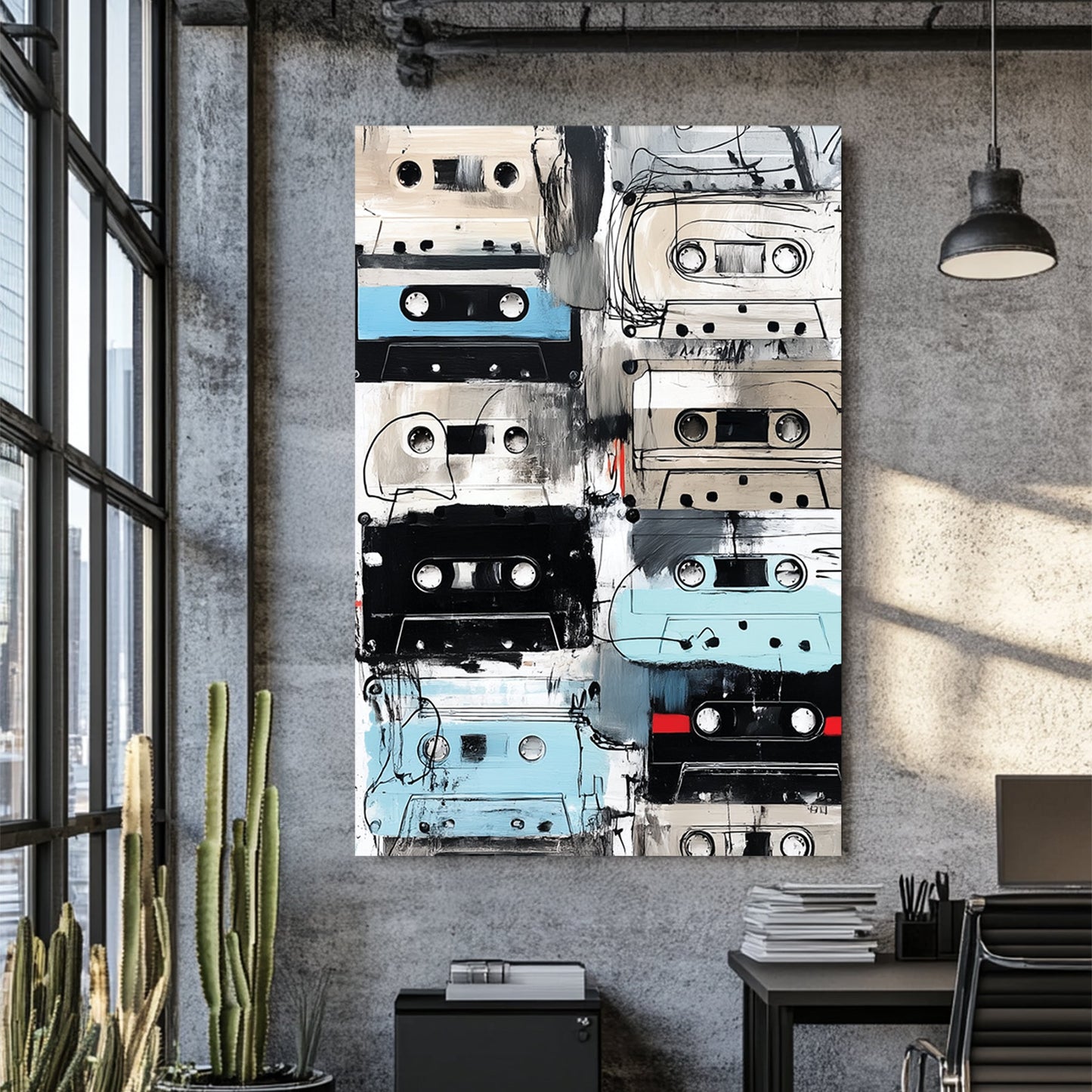 grunge-style painting of vintage cassette tapes in neutral and blue tones