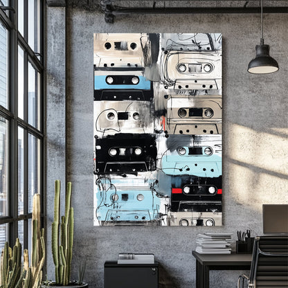 grunge-style painting of vintage cassette tapes in neutral and blue tones