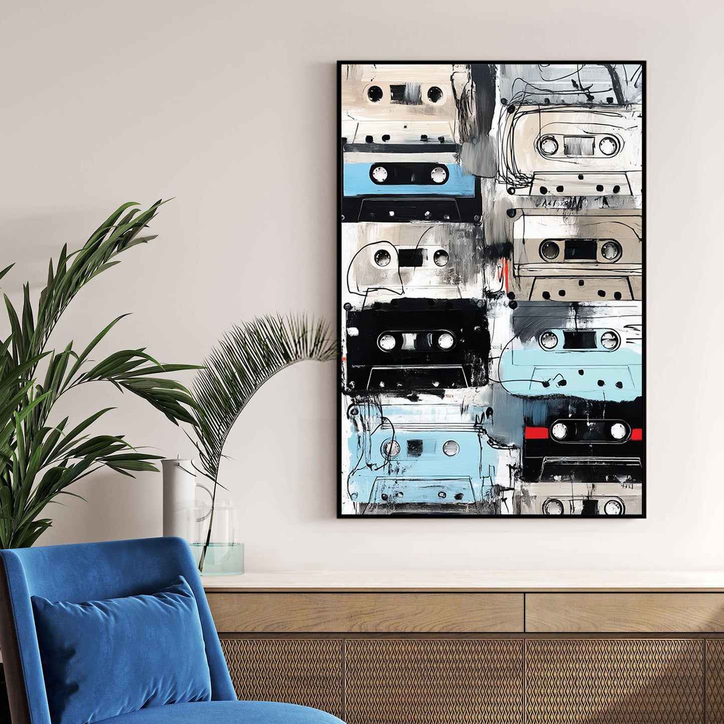 grunge-style painting of vintage cassette tapes in neutral and blue tones