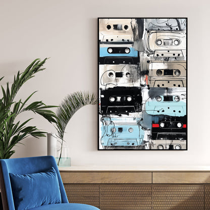 grunge-style painting of vintage cassette tapes in neutral and blue tones