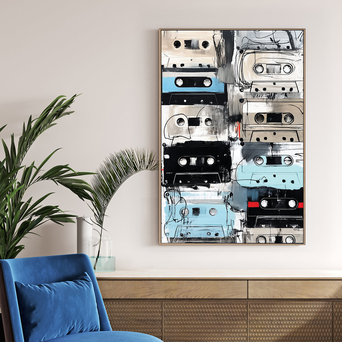grunge-style painting of vintage cassette tapes in neutral and blue tones
