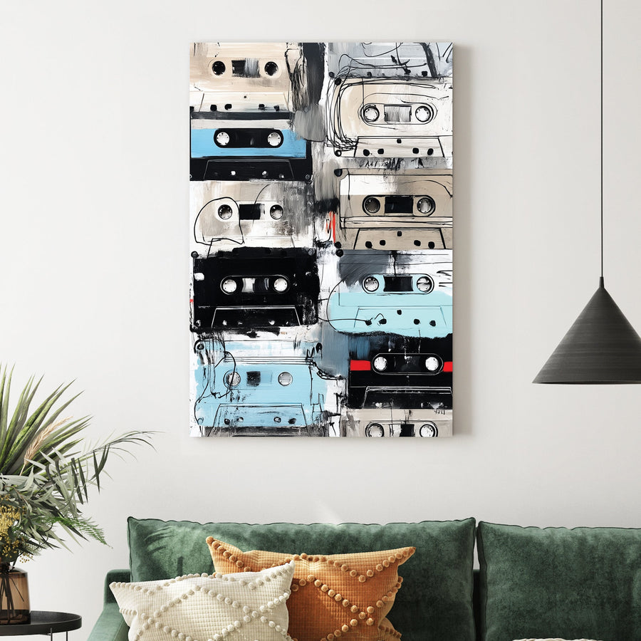 grunge-style painting of vintage cassette tapes in neutral and blue tones