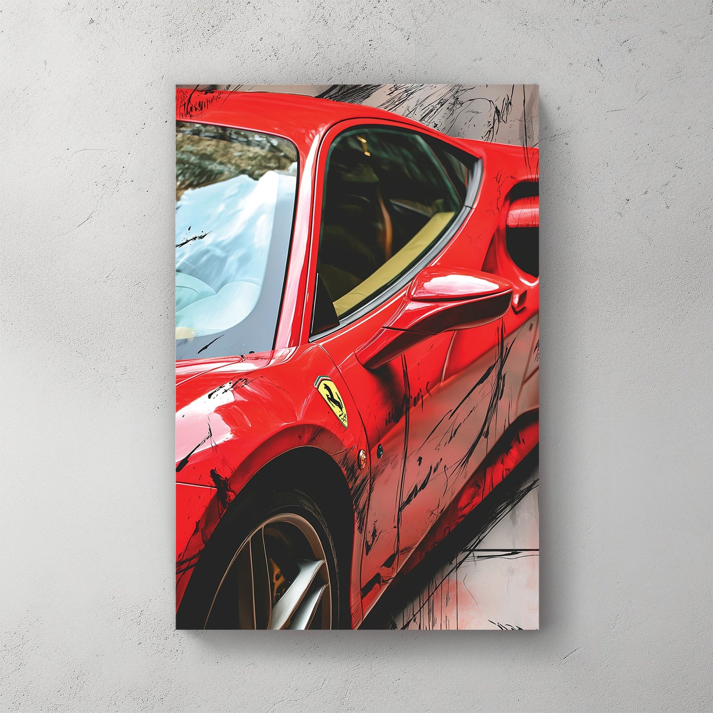 red Ferrari 488 GTB side profile with artistic black paint splashes
