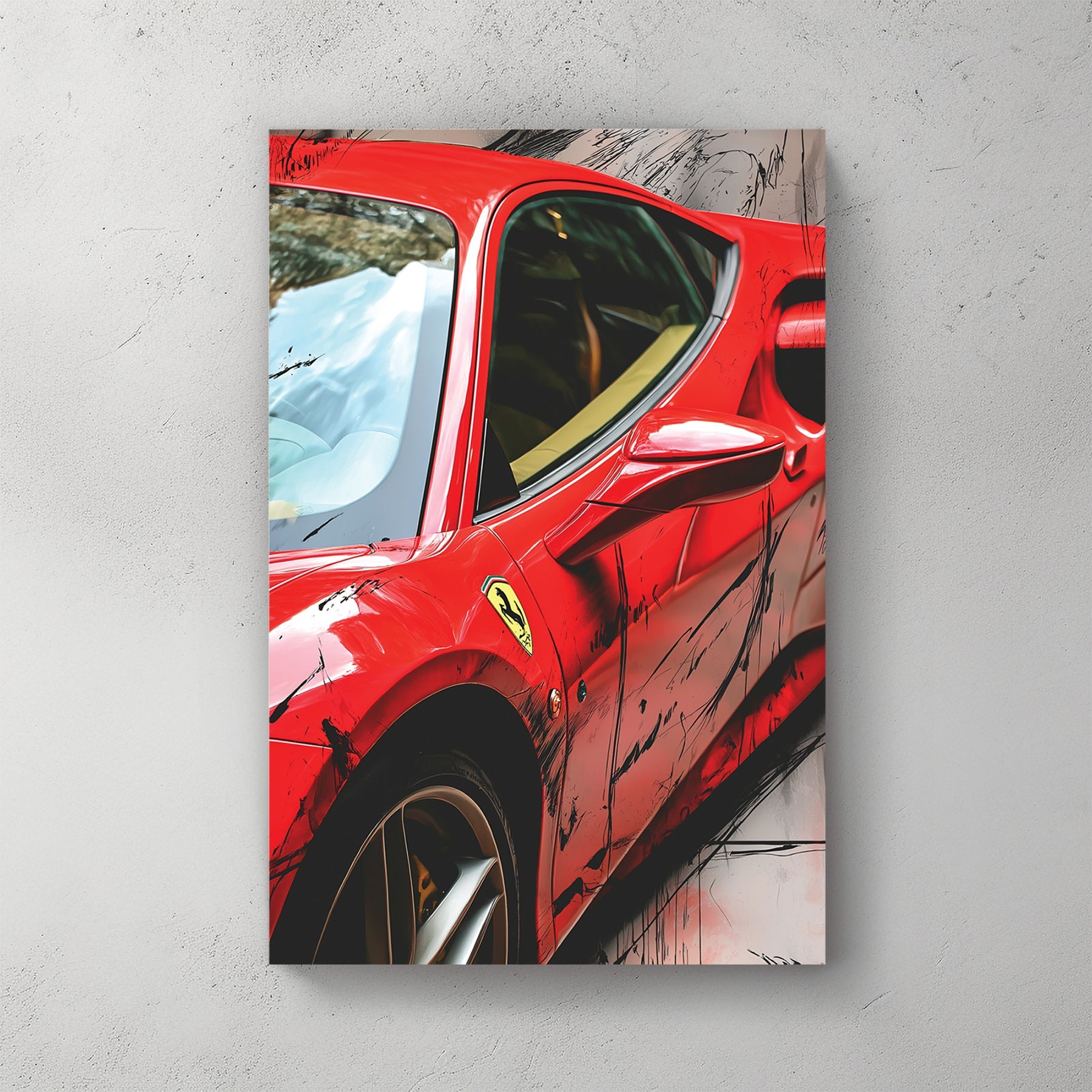 red Ferrari 488 GTB side profile with artistic black paint splashes