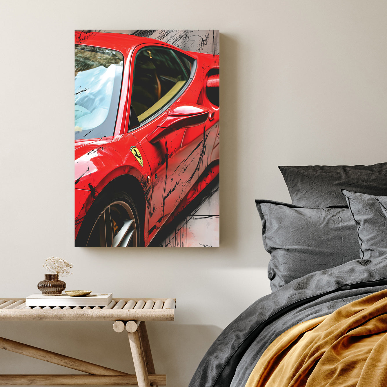 red Ferrari 488 GTB side profile with artistic black paint splashes