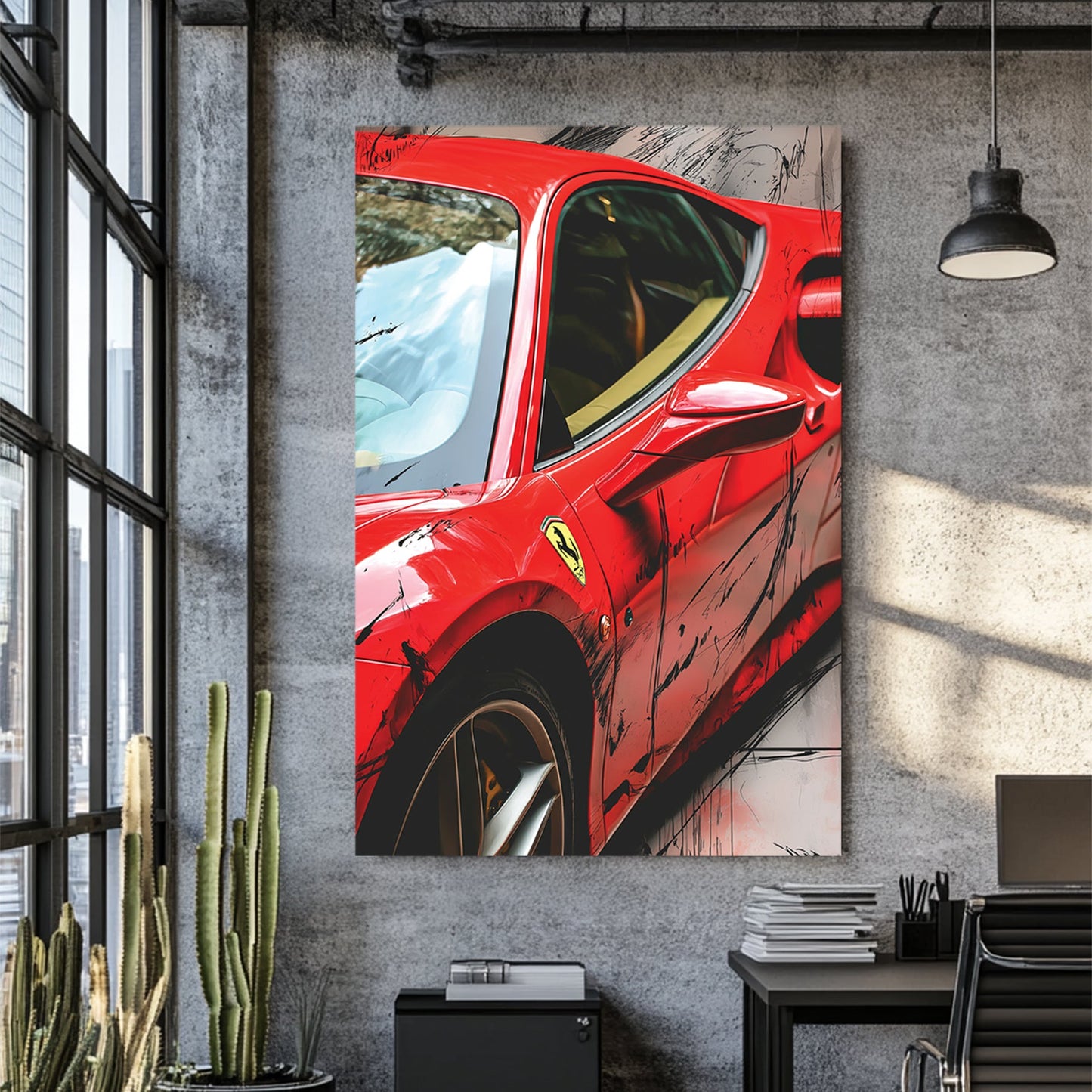 red Ferrari 488 GTB side profile with artistic black paint splashes