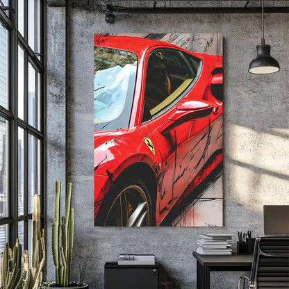 red Ferrari 488 GTB side profile with artistic black paint splashes