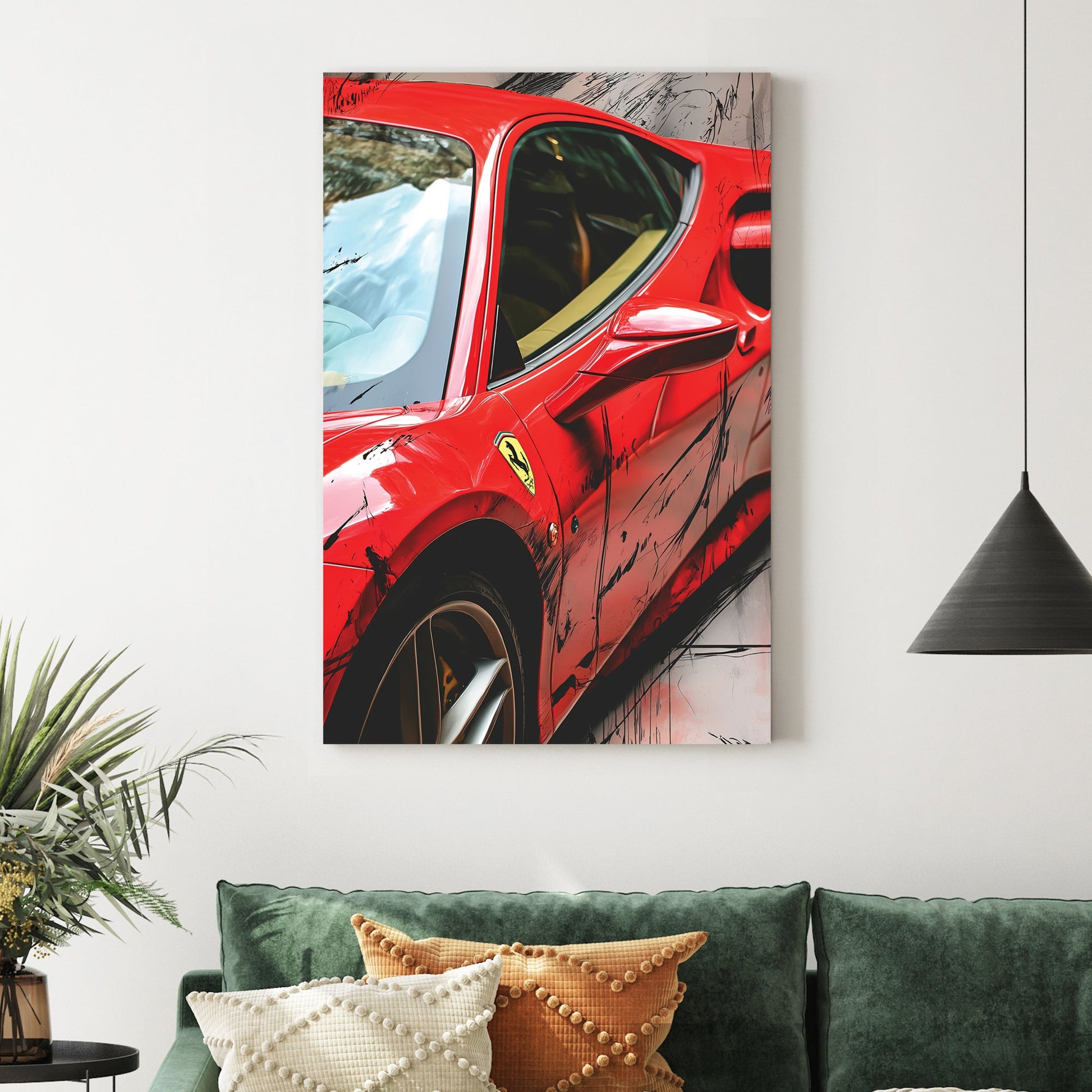 red Ferrari 488 GTB side profile with artistic black paint splashes