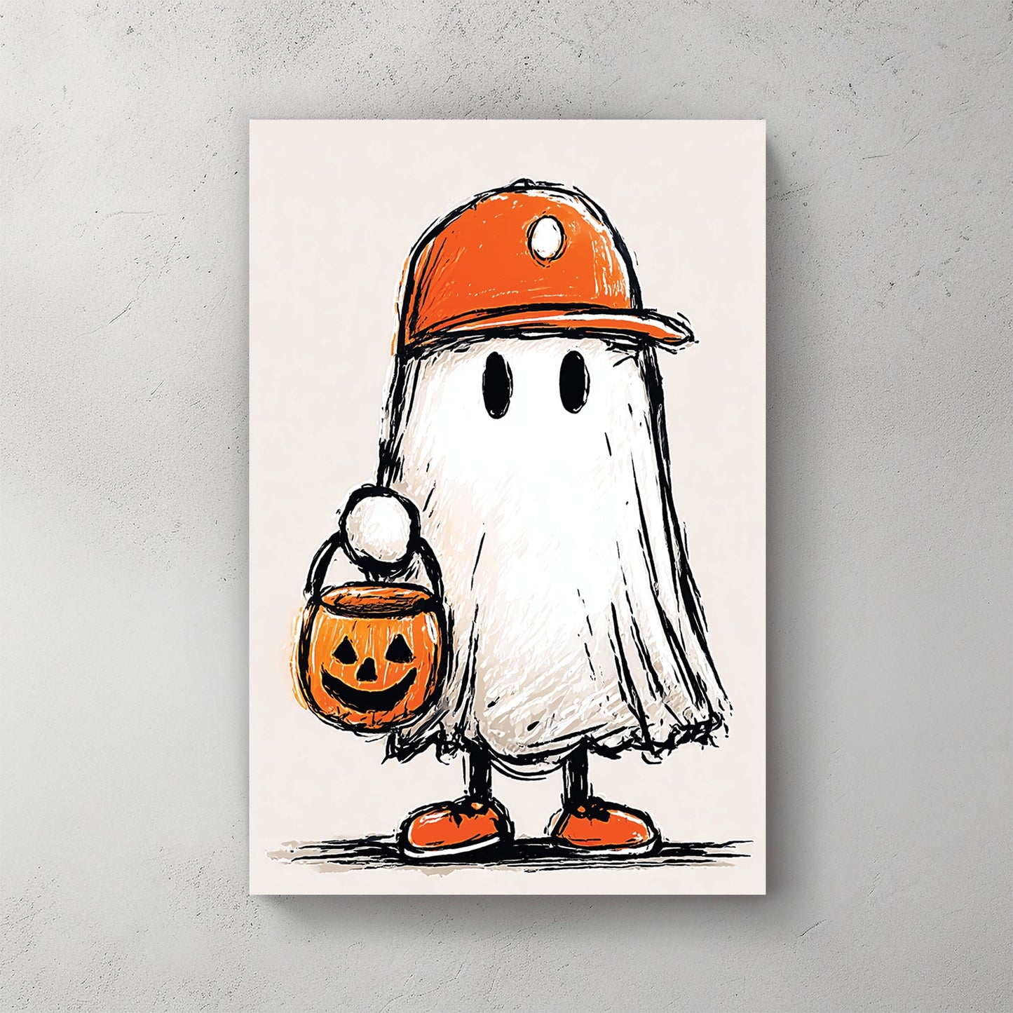 cartoon ghost child in orange hat and sneakers holding jack-o'-lantern bucket