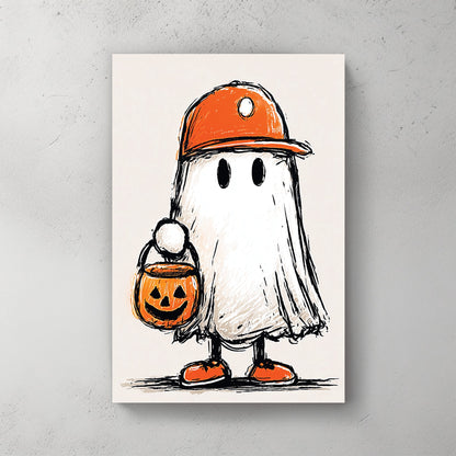 cartoon ghost child in orange hat and sneakers holding jack-o'-lantern bucket