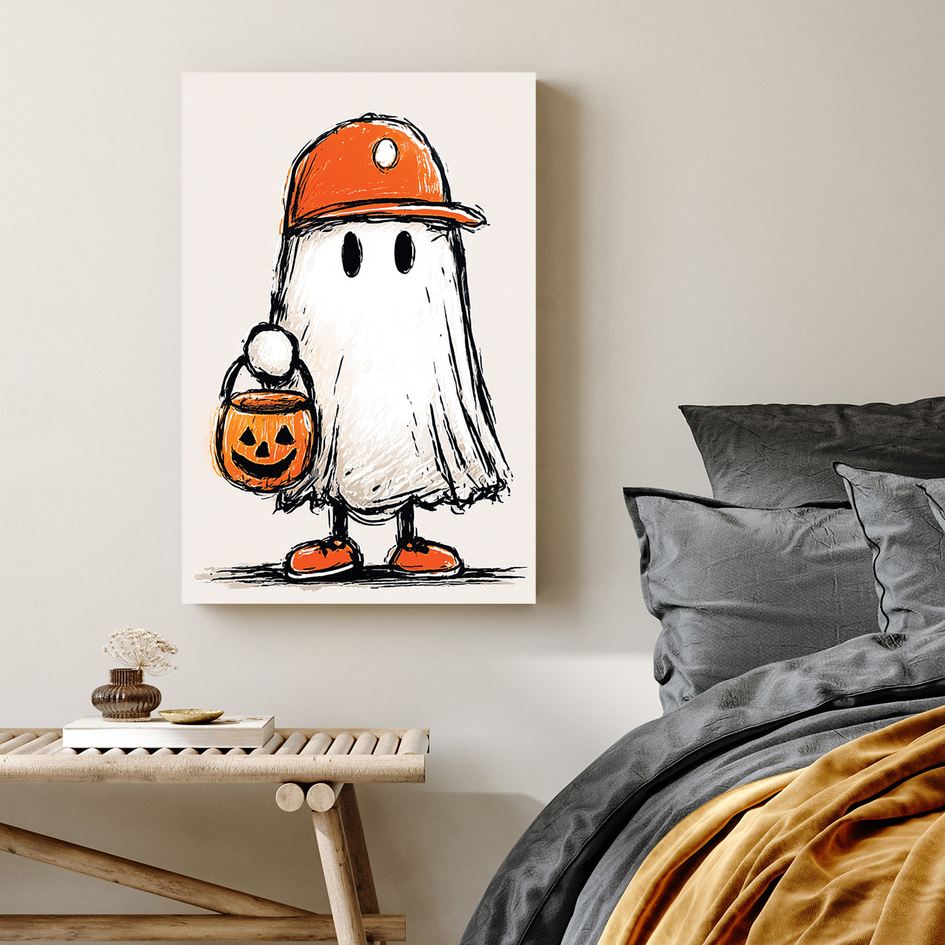 cartoon ghost child in orange hat and sneakers holding jack-o'-lantern bucket