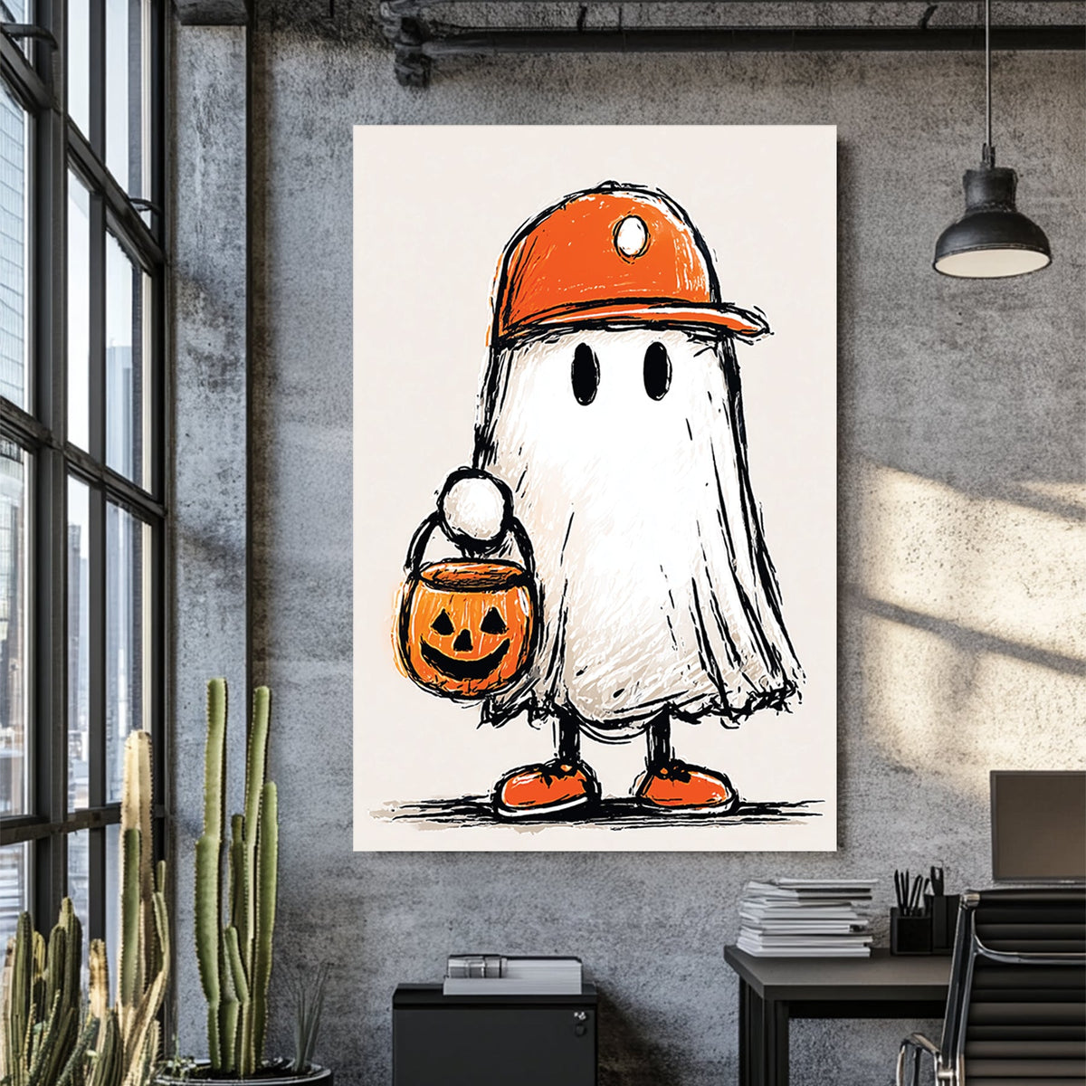 cartoon ghost child in orange hat and sneakers holding jack-o'-lantern bucket