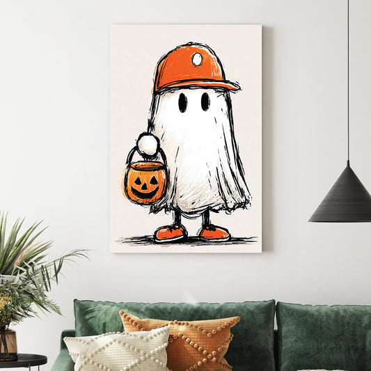 cartoon ghost child in orange hat and sneakers holding jack-o'-lantern bucket