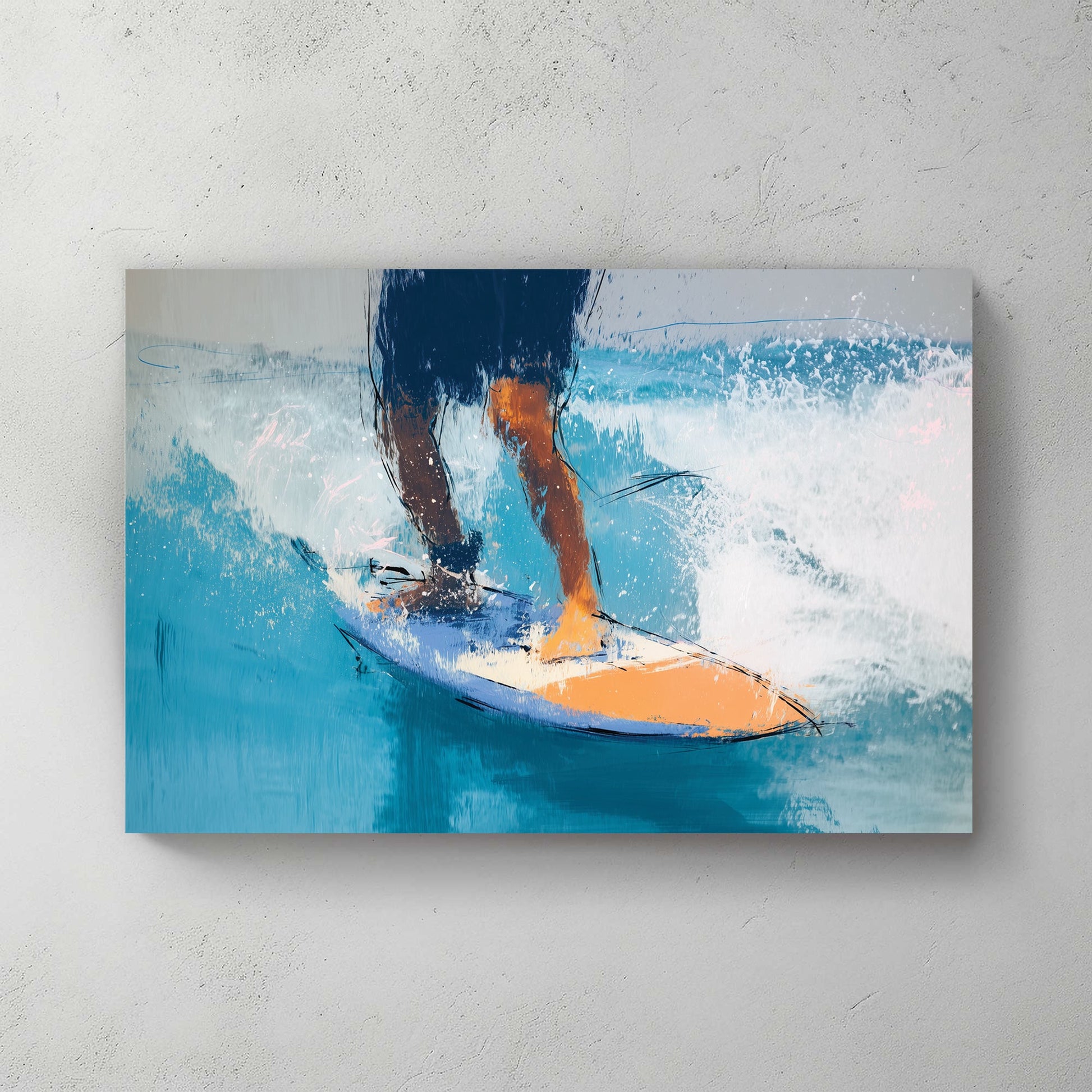 surfer riding wave on orange and blue board abstract painting