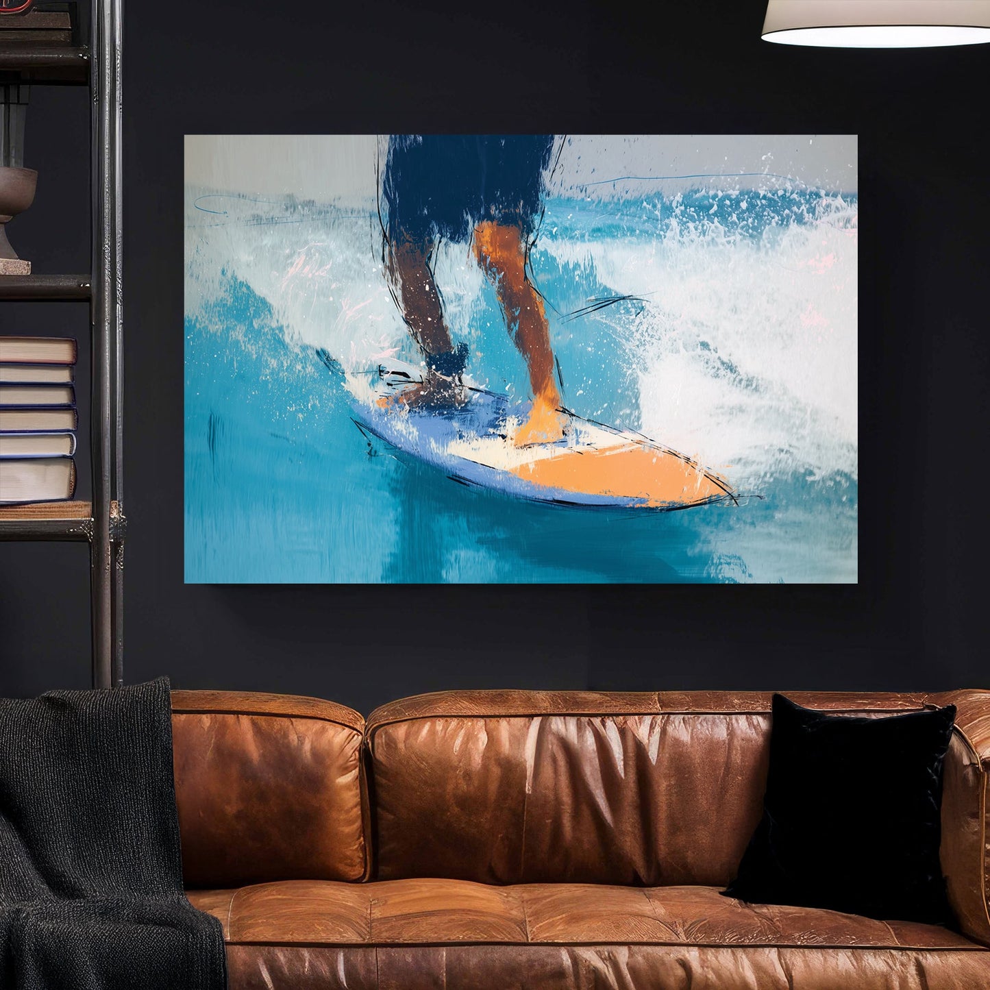 surfer riding wave on orange and blue board abstract painting