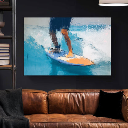 surfer riding wave on orange and blue board abstract painting