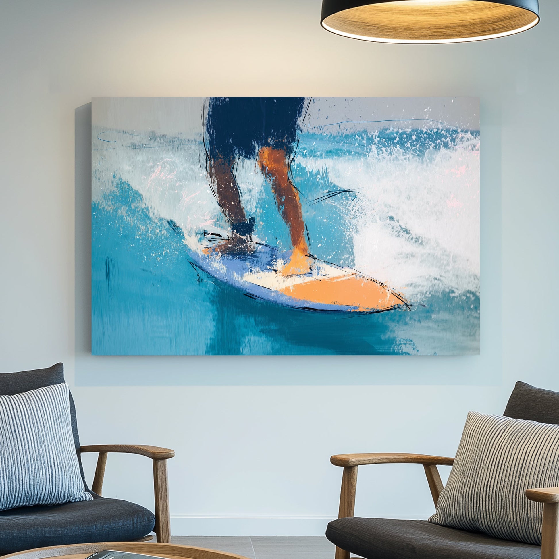 surfer riding wave on orange and blue board abstract painting