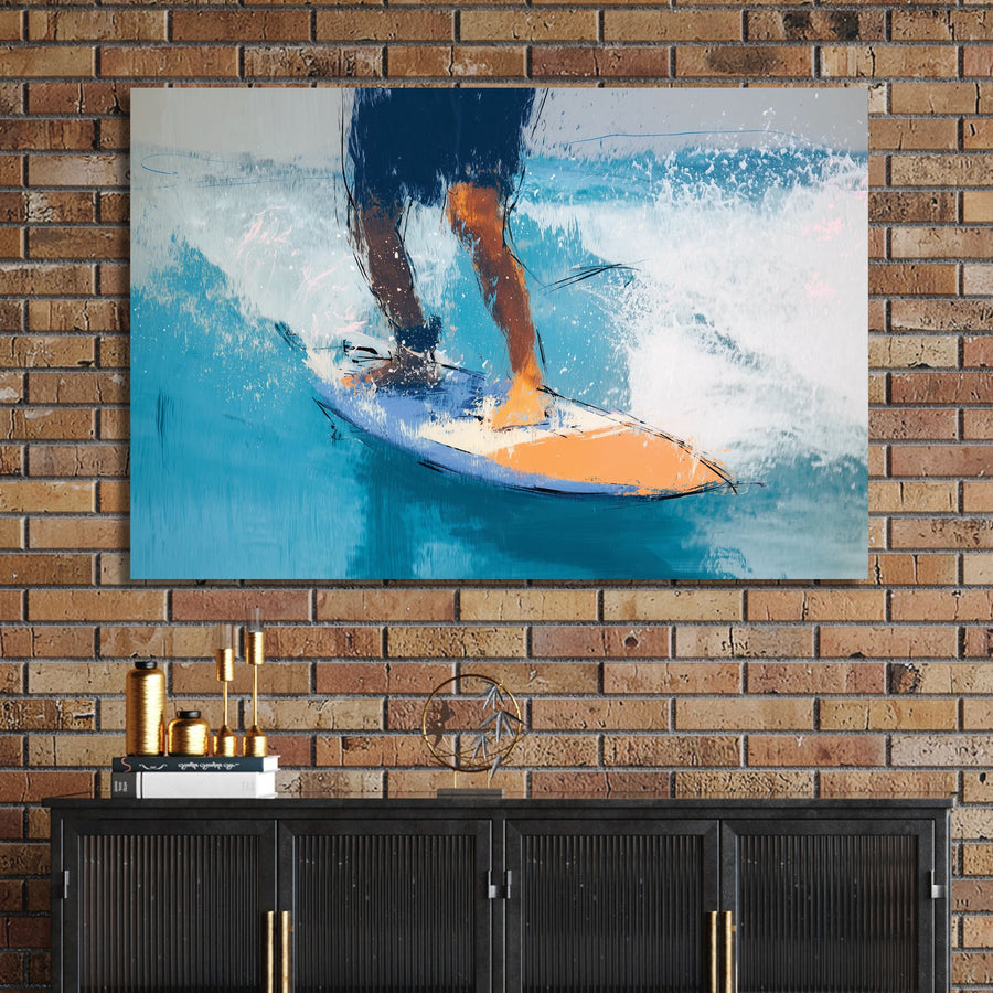 surfer riding wave on orange and blue board abstract painting