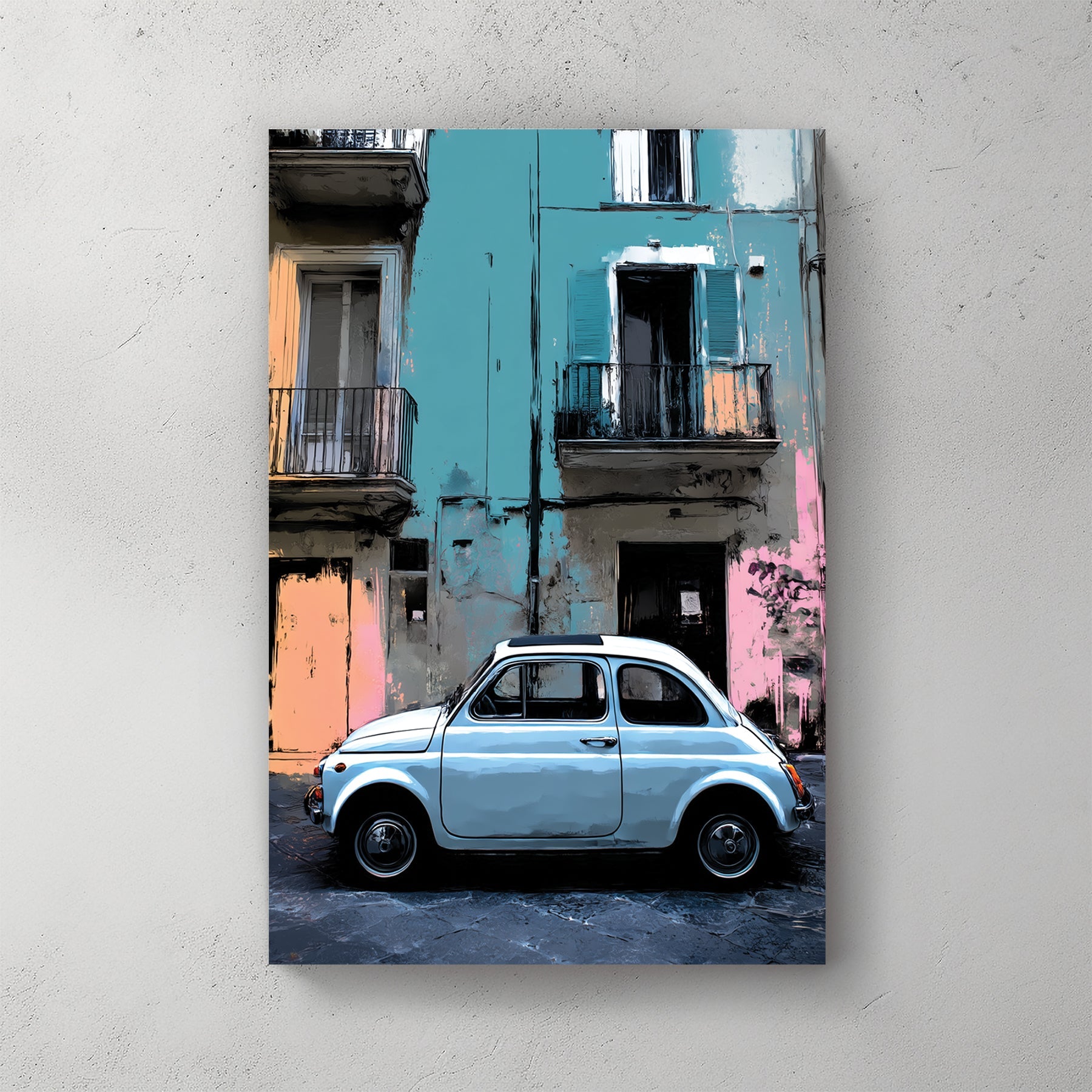vintage fiat 500 parked in front of pastel building wall art