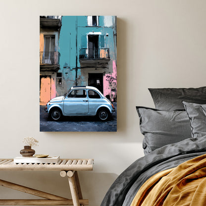 vintage fiat 500 parked in front of pastel building wall art