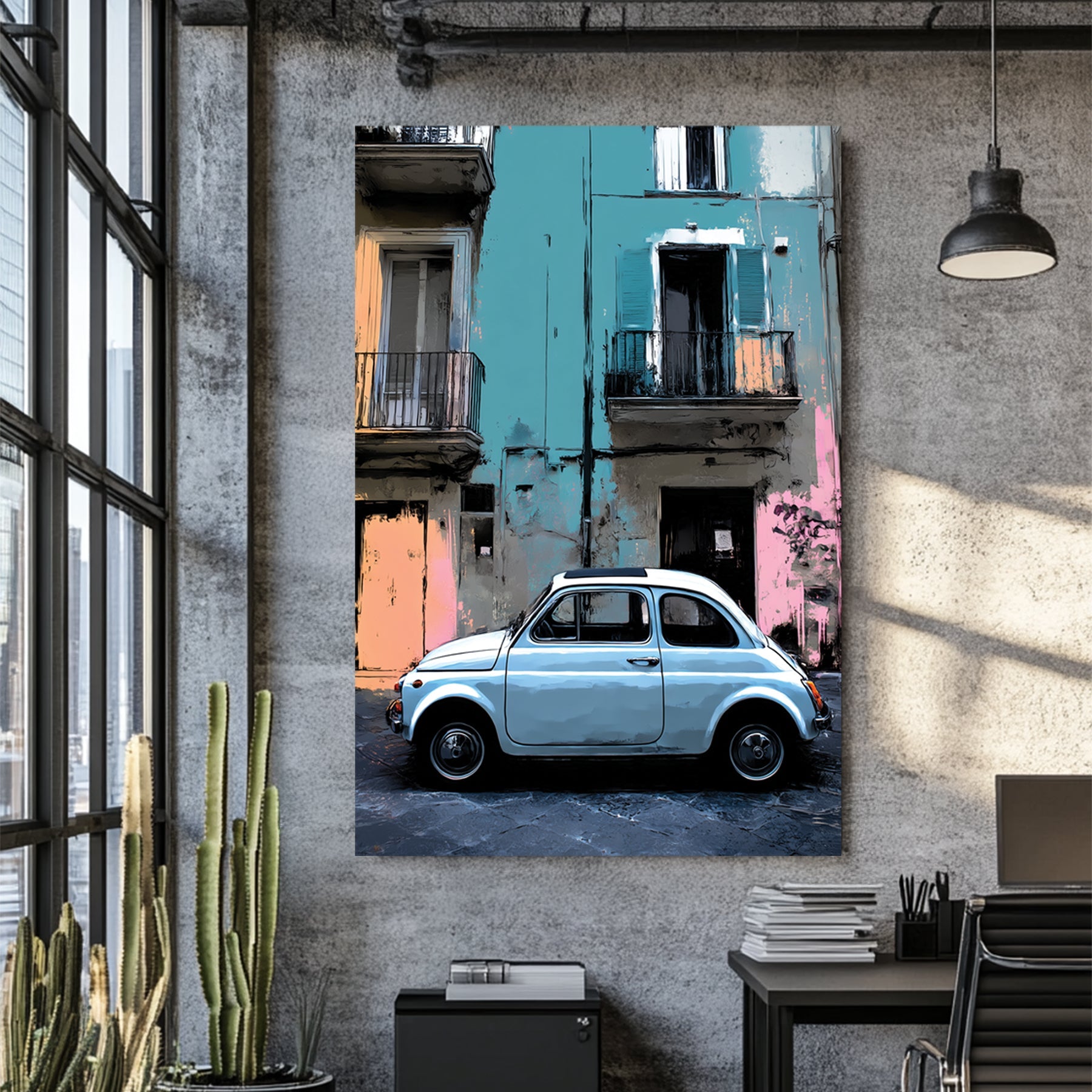 vintage fiat 500 parked in front of pastel building wall art