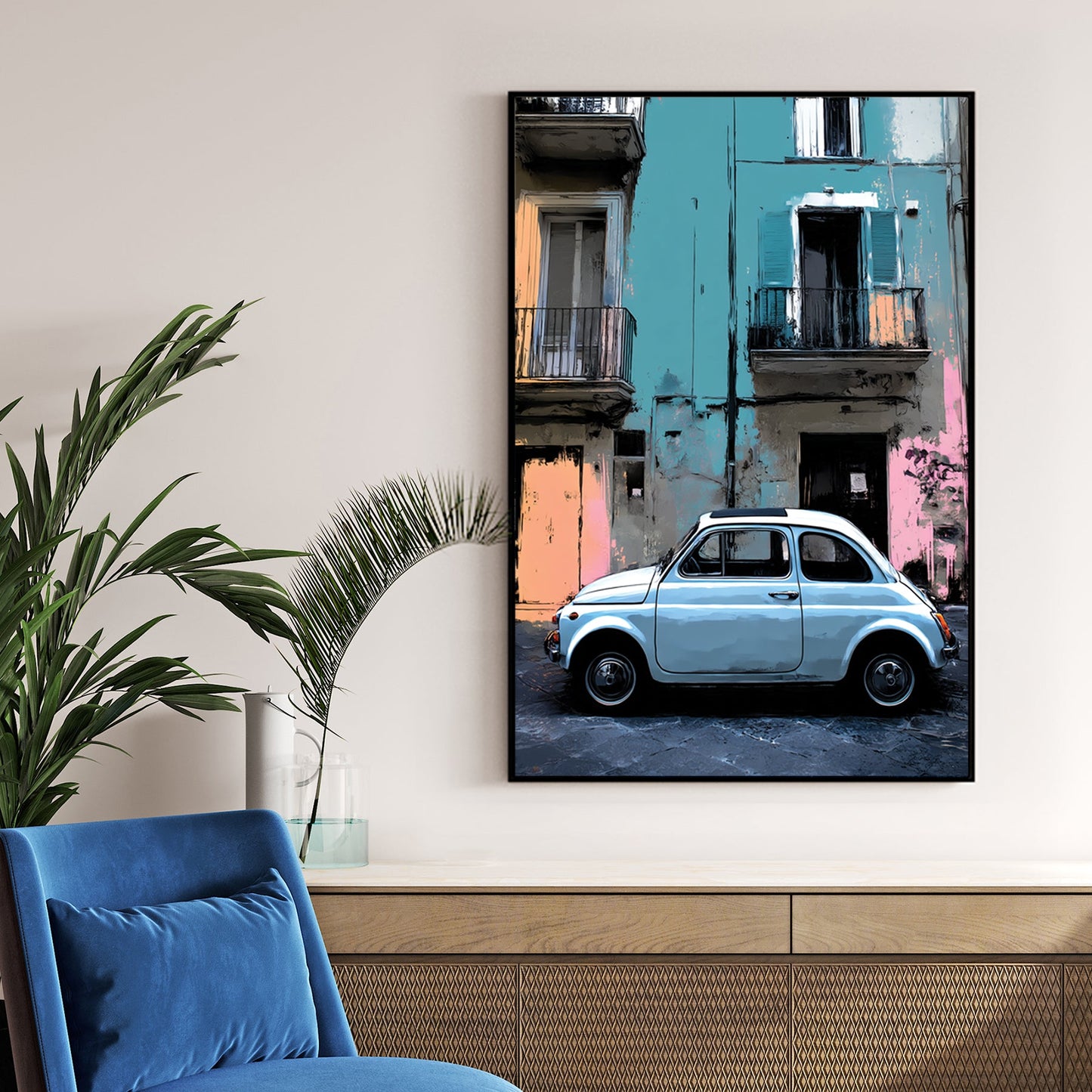 vintage fiat 500 parked in front of pastel building wall art