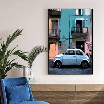 vintage fiat 500 parked in front of pastel building wall art