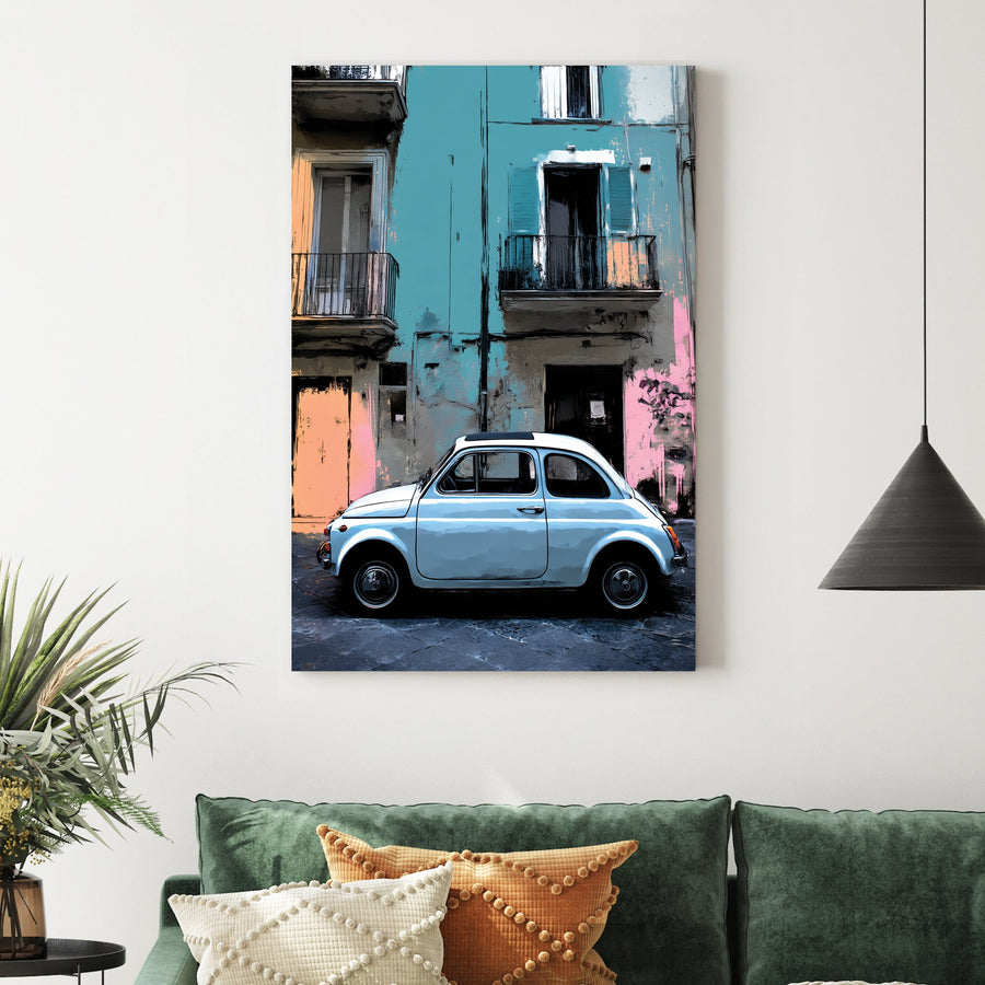 vintage fiat 500 parked in front of pastel building wall art