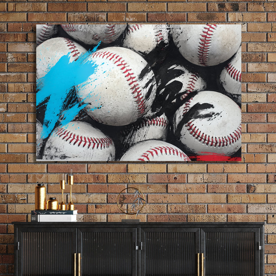 gritty baseballs with abstract paint wall art