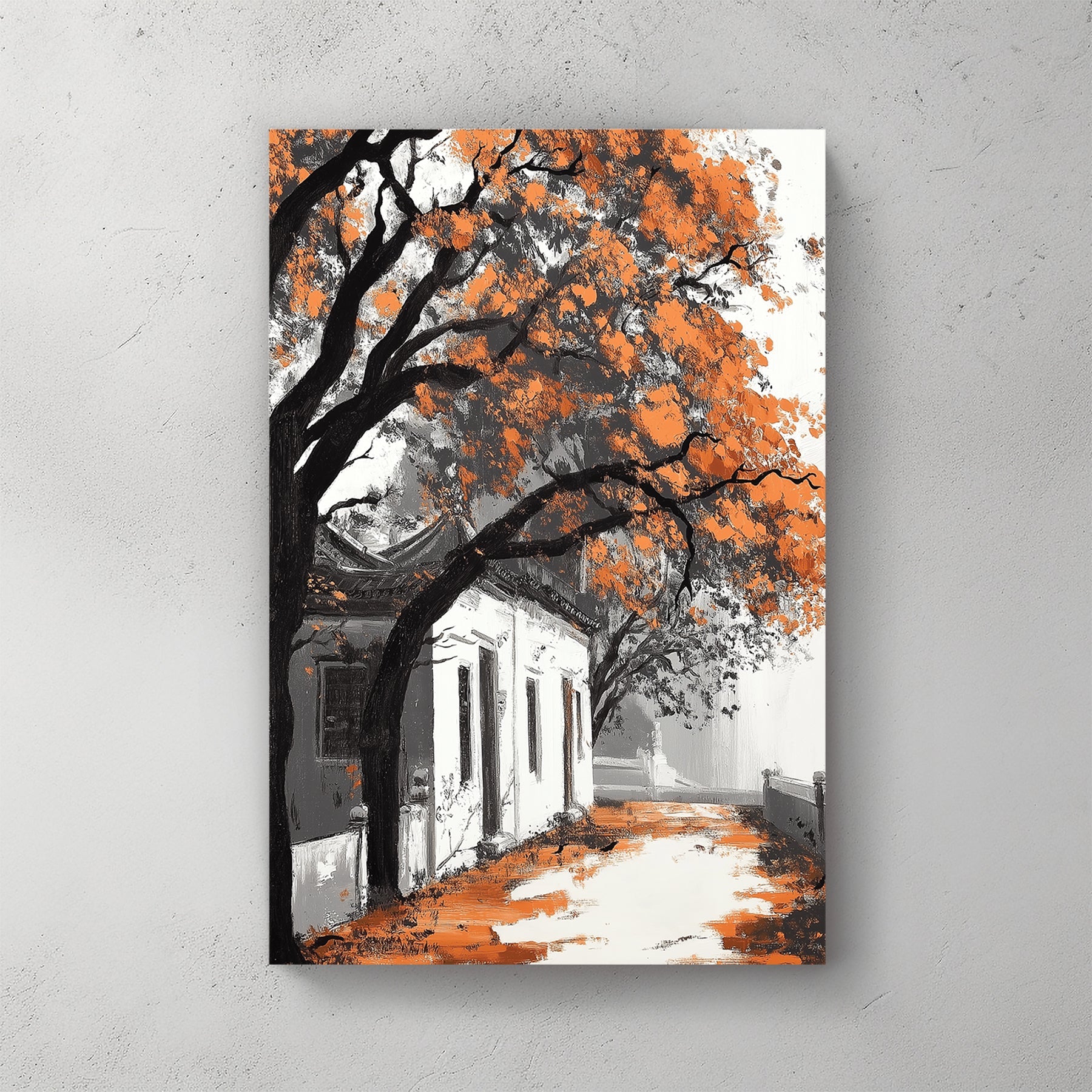 autumn pathway with orange trees wall art