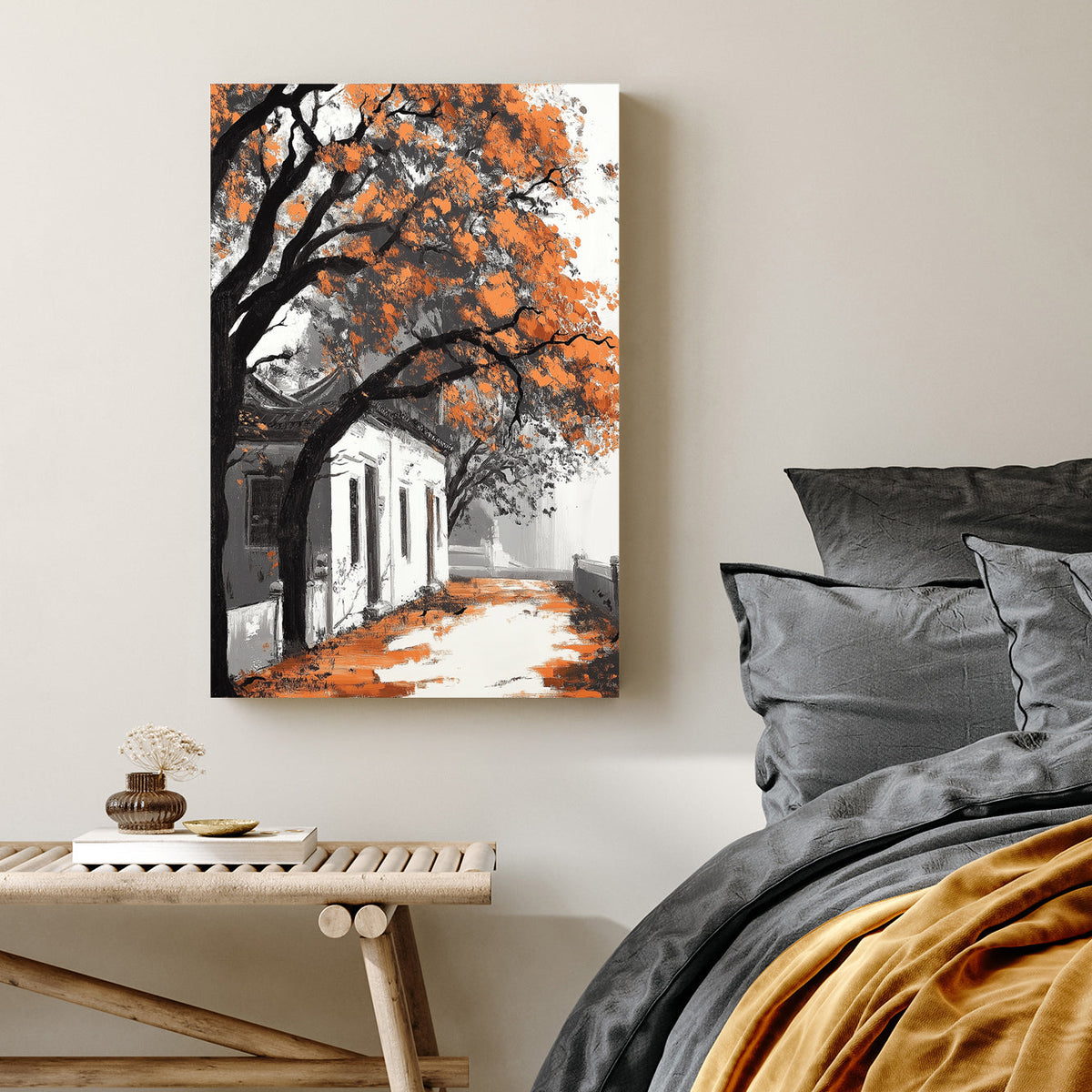 autumn pathway with orange trees wall art