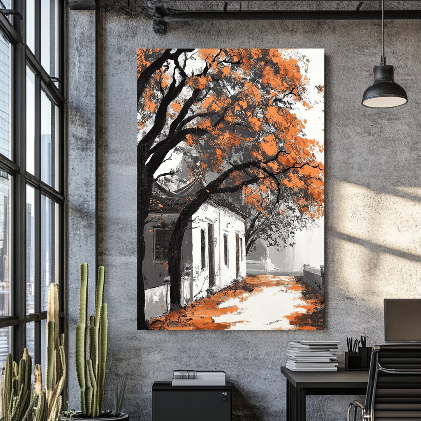 autumn pathway with orange trees wall art