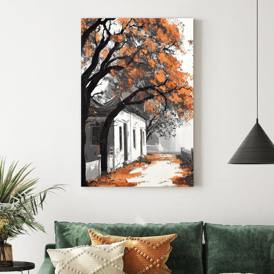 autumn pathway with orange trees wall art