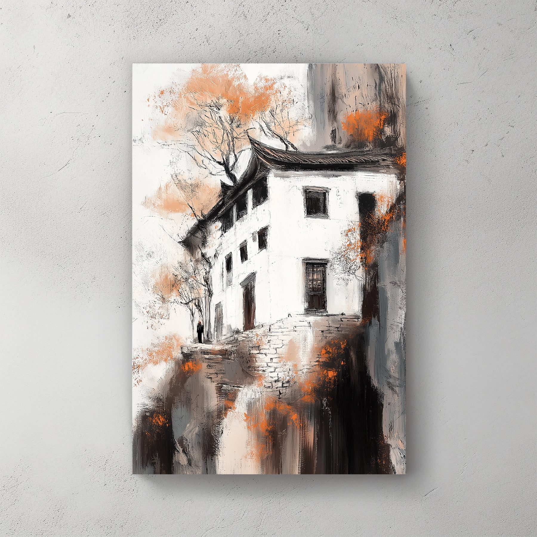 cliffside house in fall wall art