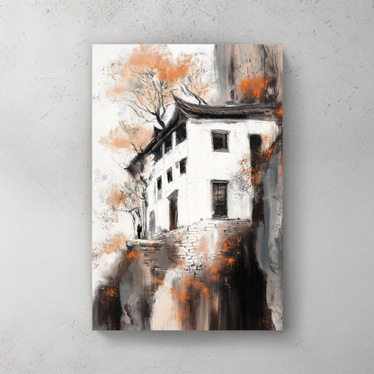cliffside house in fall wall art