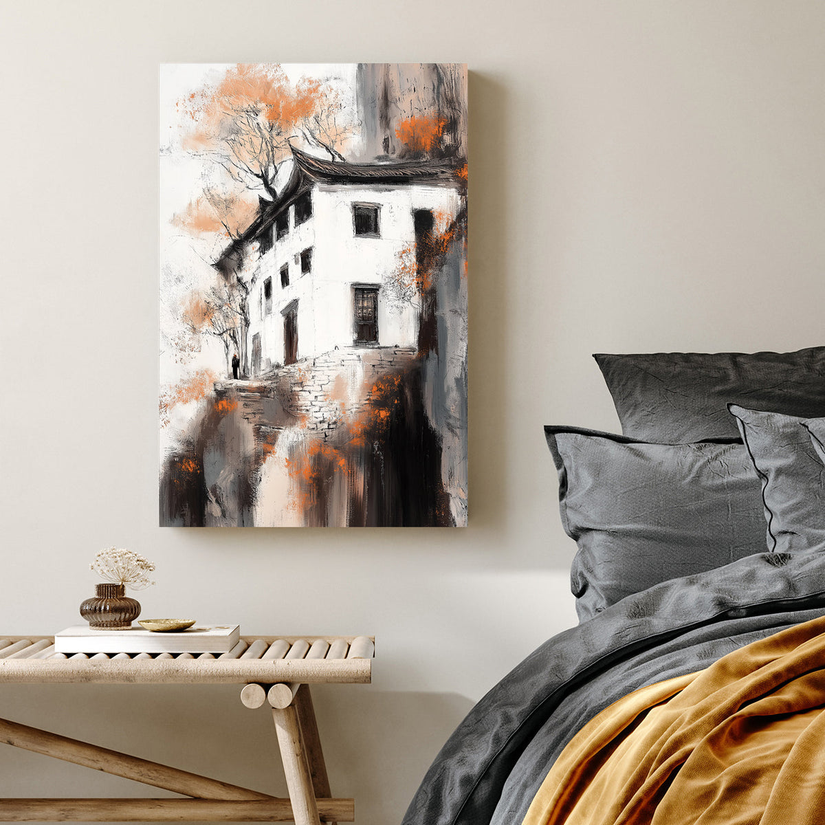 cliffside house in fall wall art