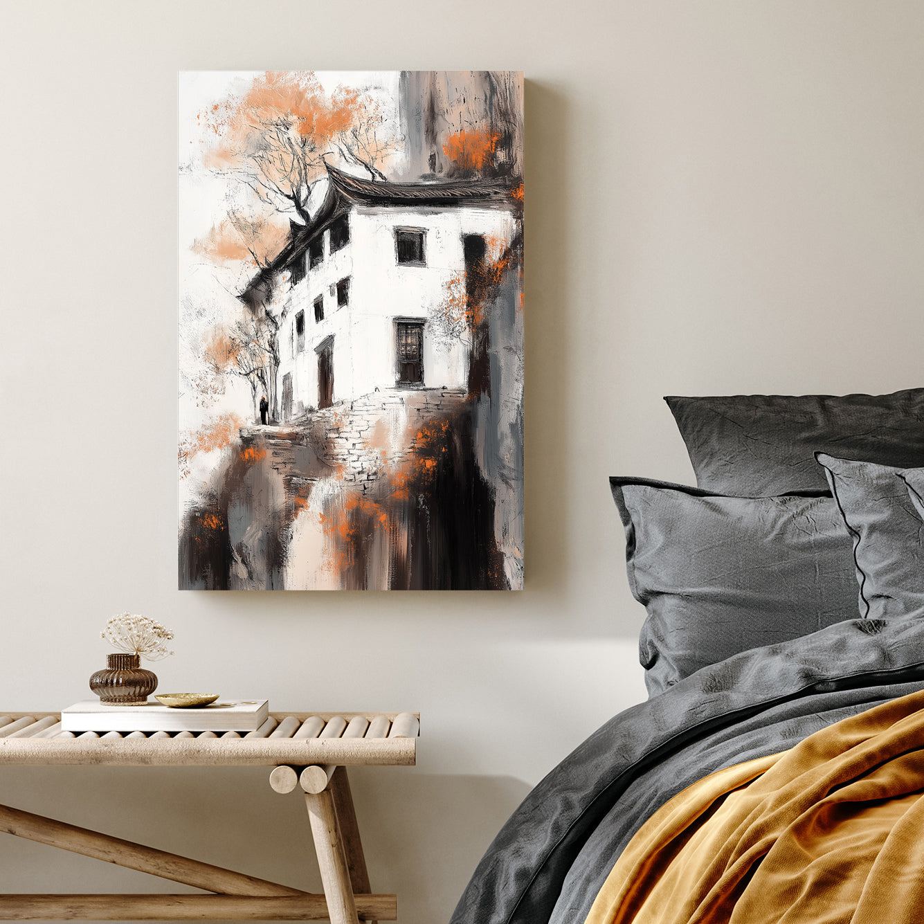 cliffside house in fall wall art