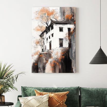 cliffside house in fall wall art