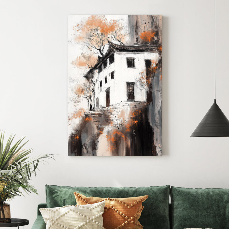 cliffside house in fall wall art