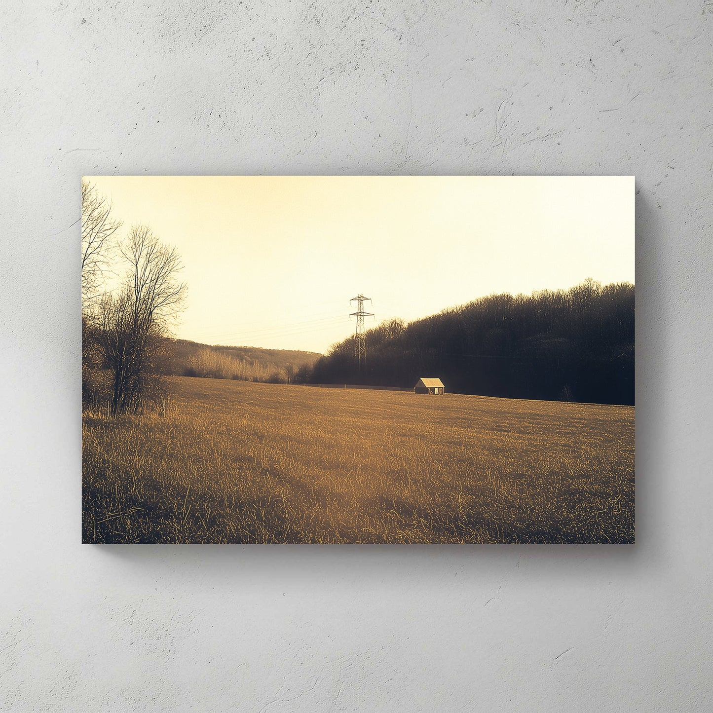 golden fall countryside wall art with cabin