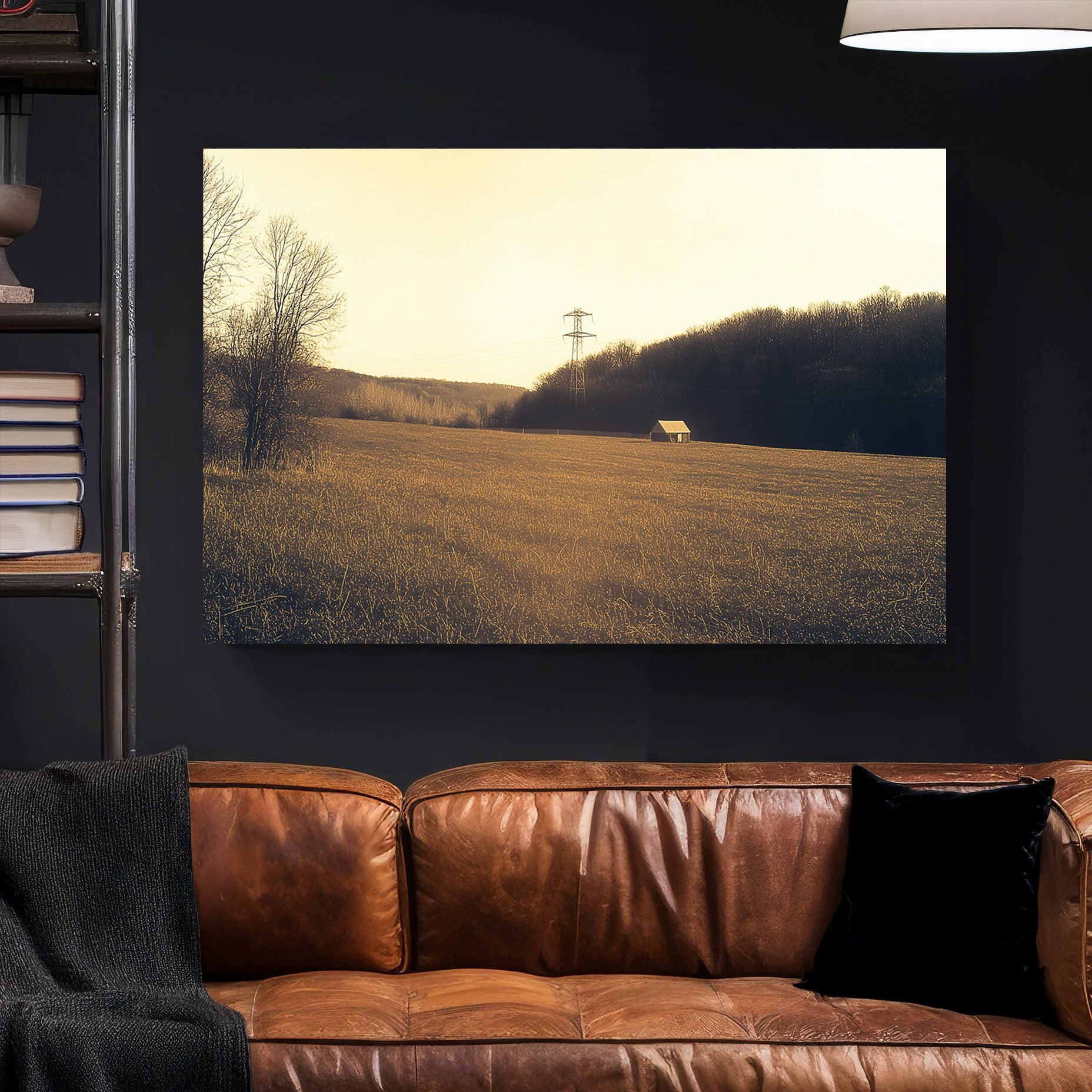 golden fall countryside wall art with cabin