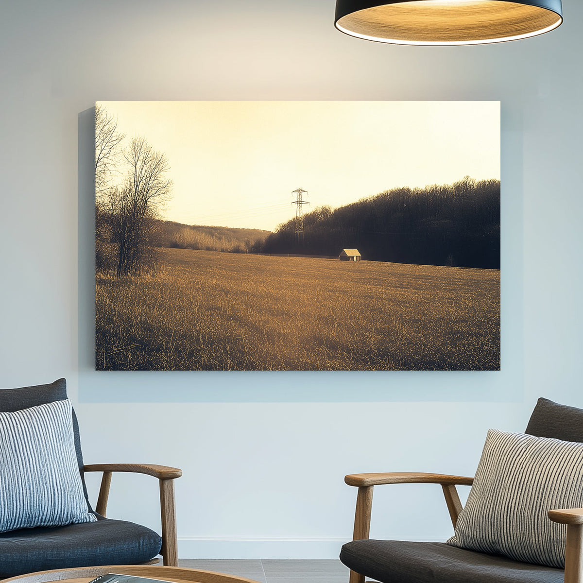 golden fall countryside wall art with cabin