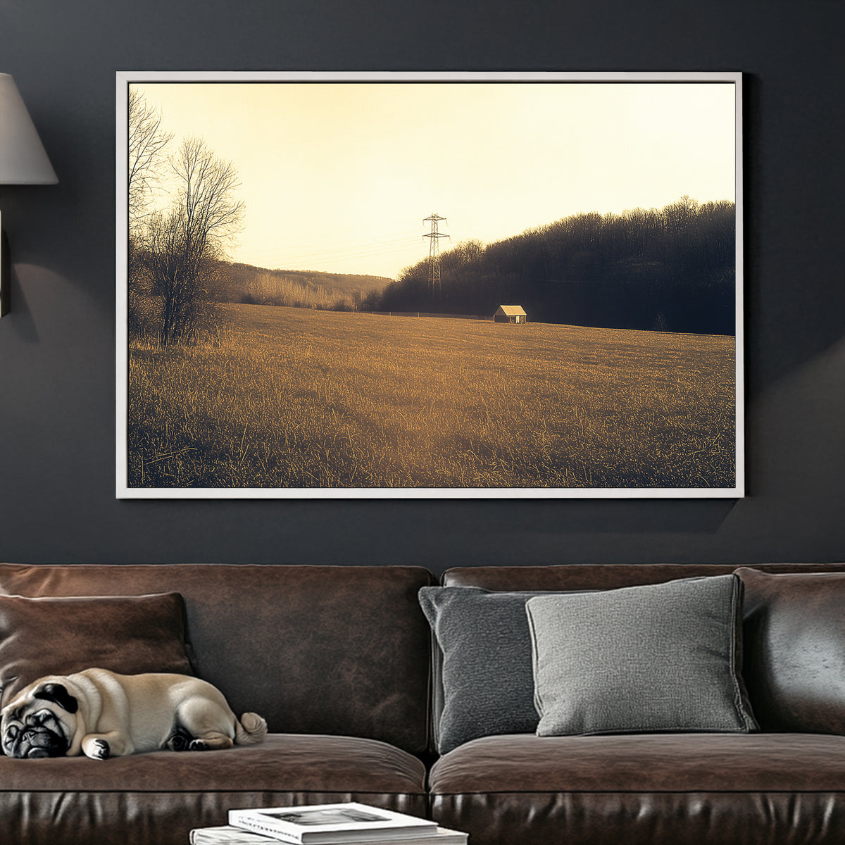 golden fall countryside wall art with cabin