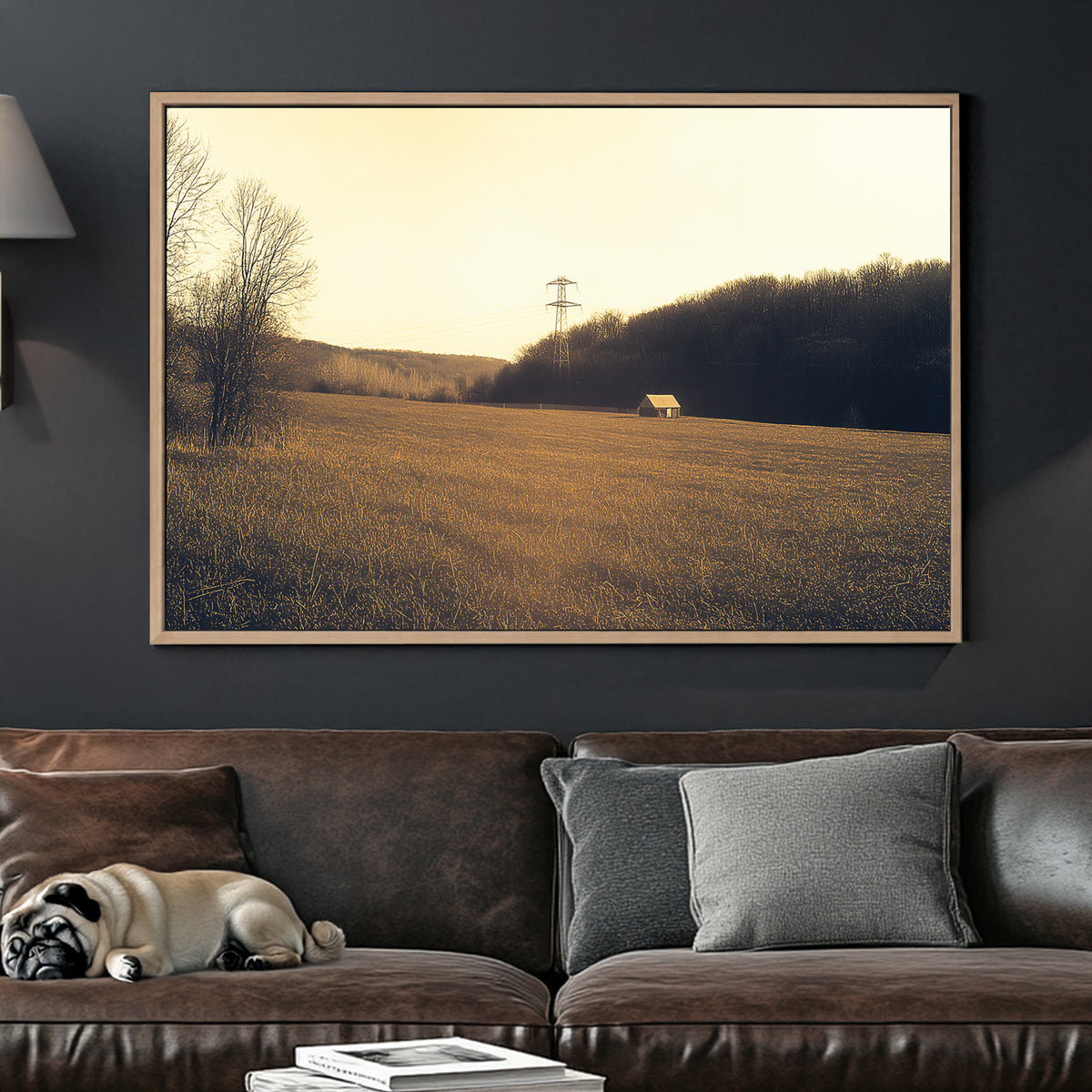 golden fall countryside wall art with cabin