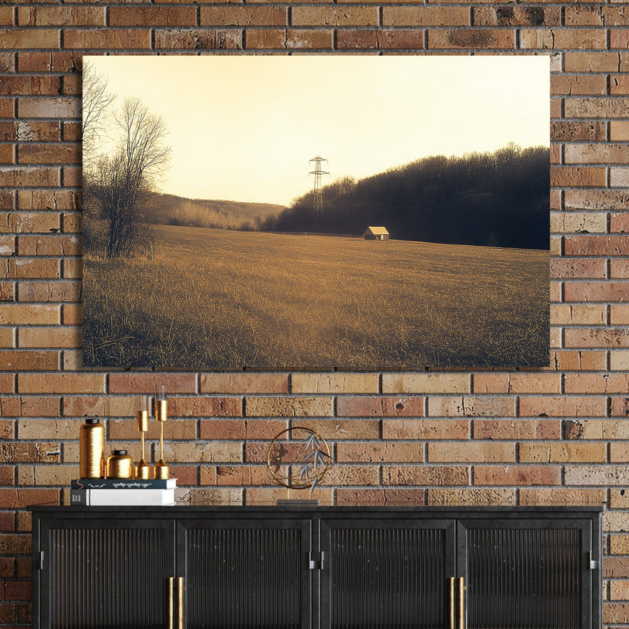 golden fall countryside wall art with cabin