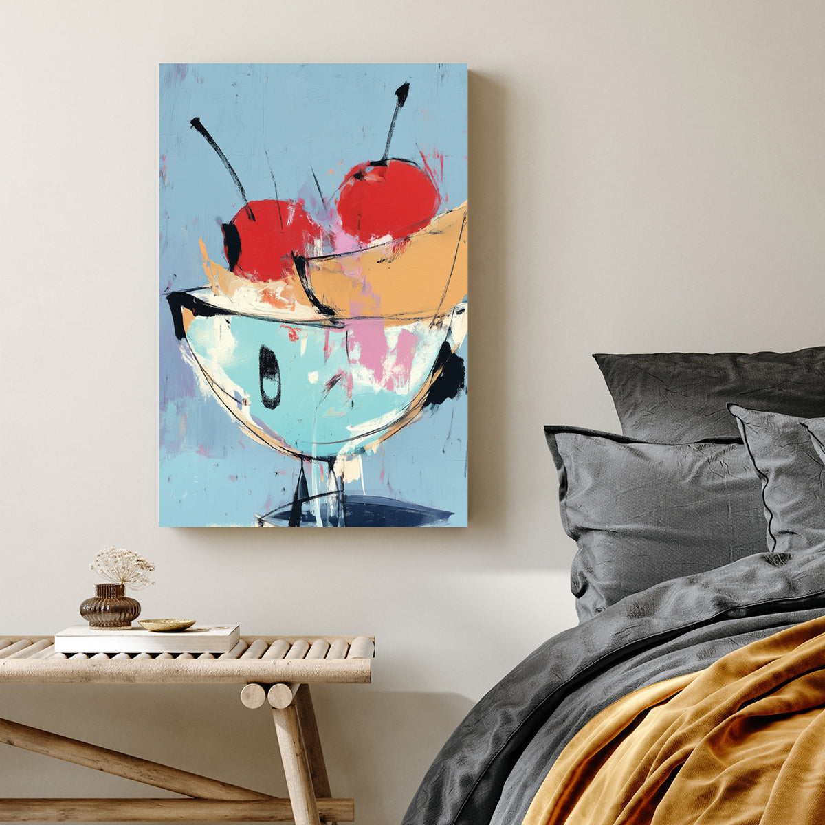 pop art fruit bowl with cherries and banana wall art