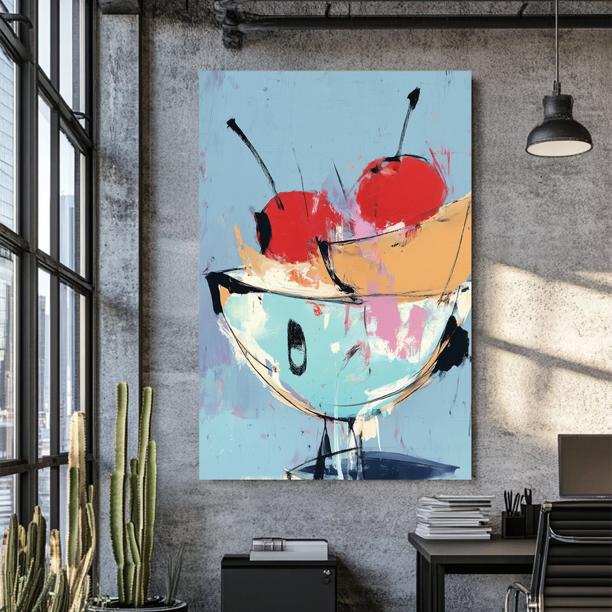 pop art fruit bowl with cherries and banana wall art