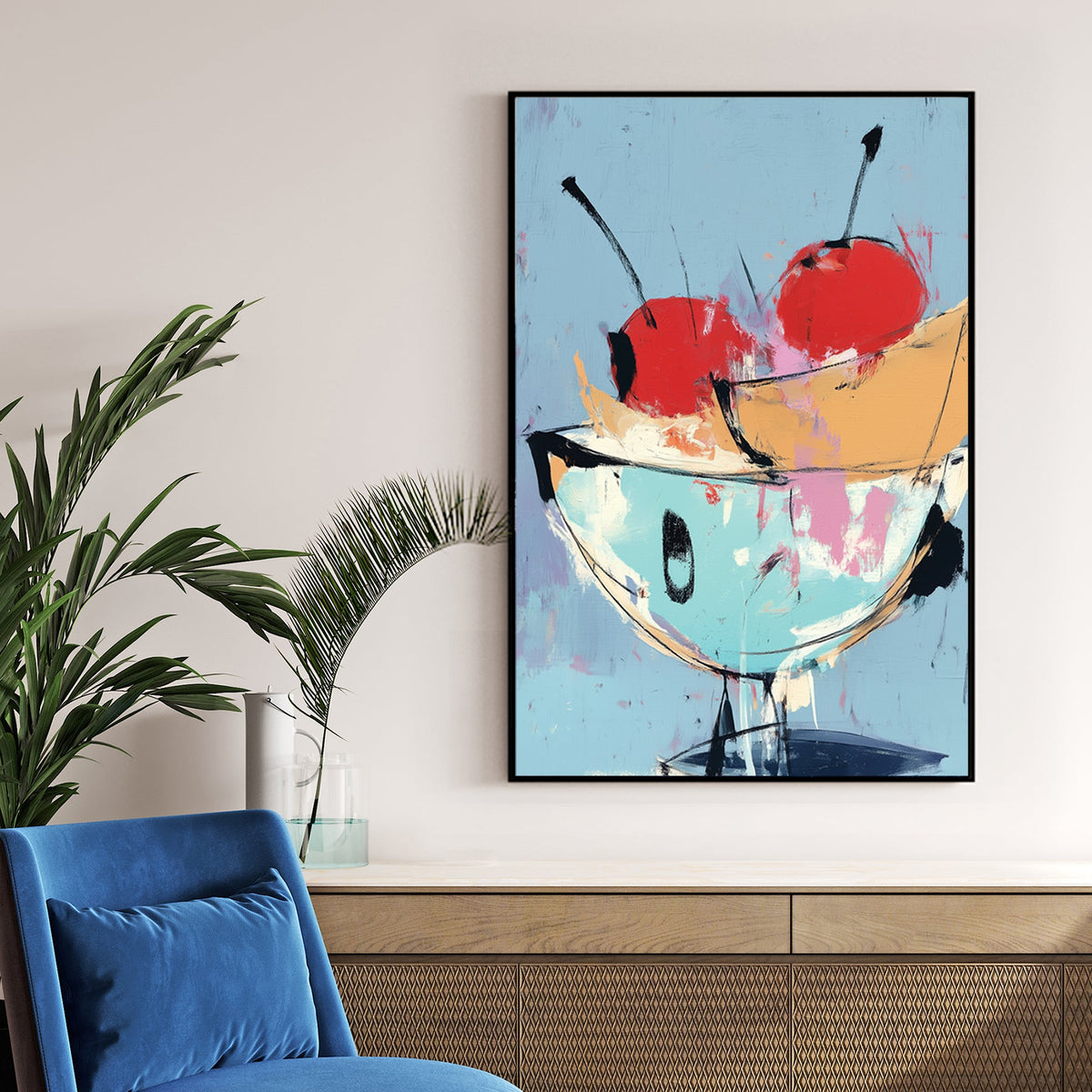 pop art fruit bowl with cherries and banana wall art