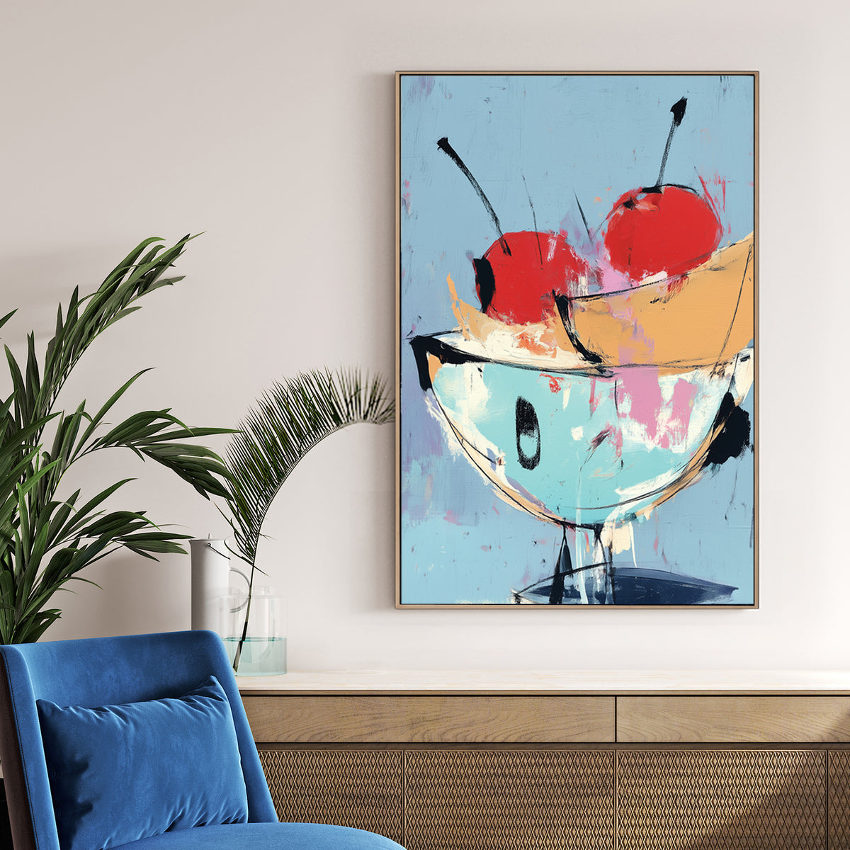 pop art fruit bowl with cherries and banana wall art