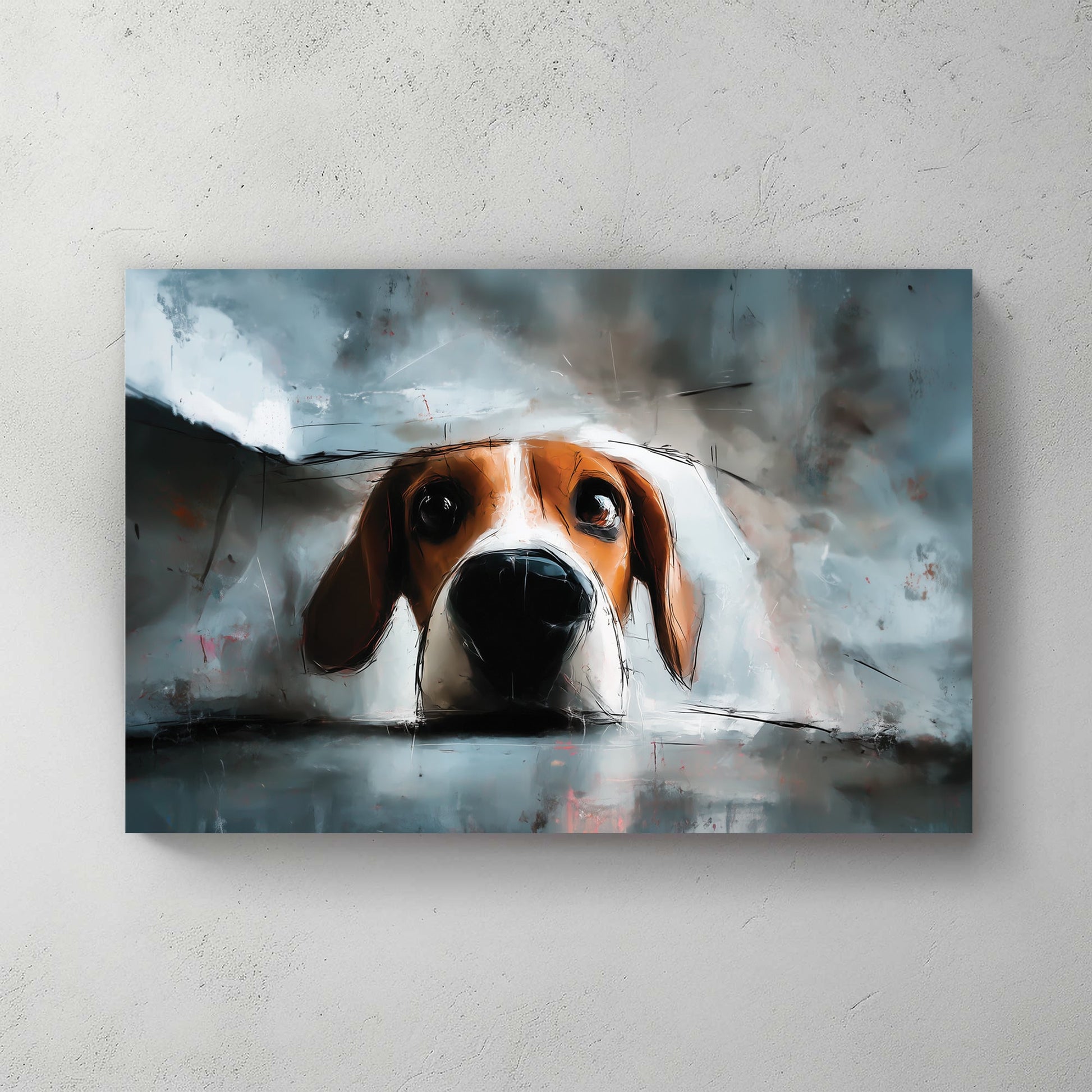 playful beagle puppy peeking over edge digital painting